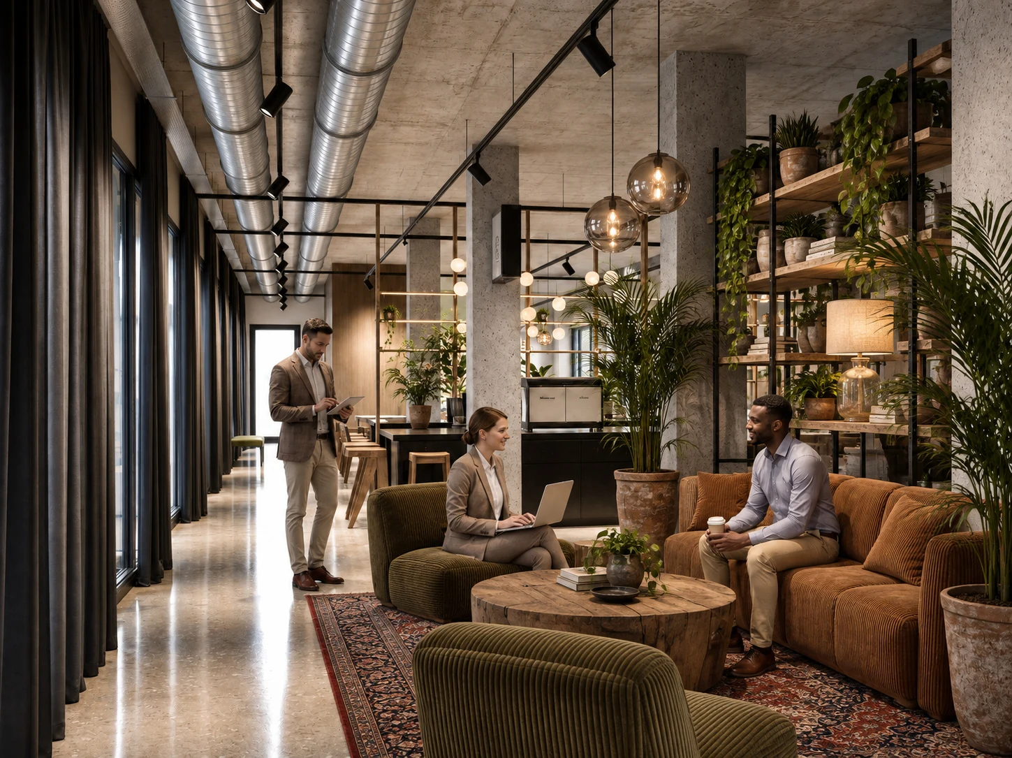Gemeinsame Lounge mit Cordsofas, Perserteppich und Pflanzen