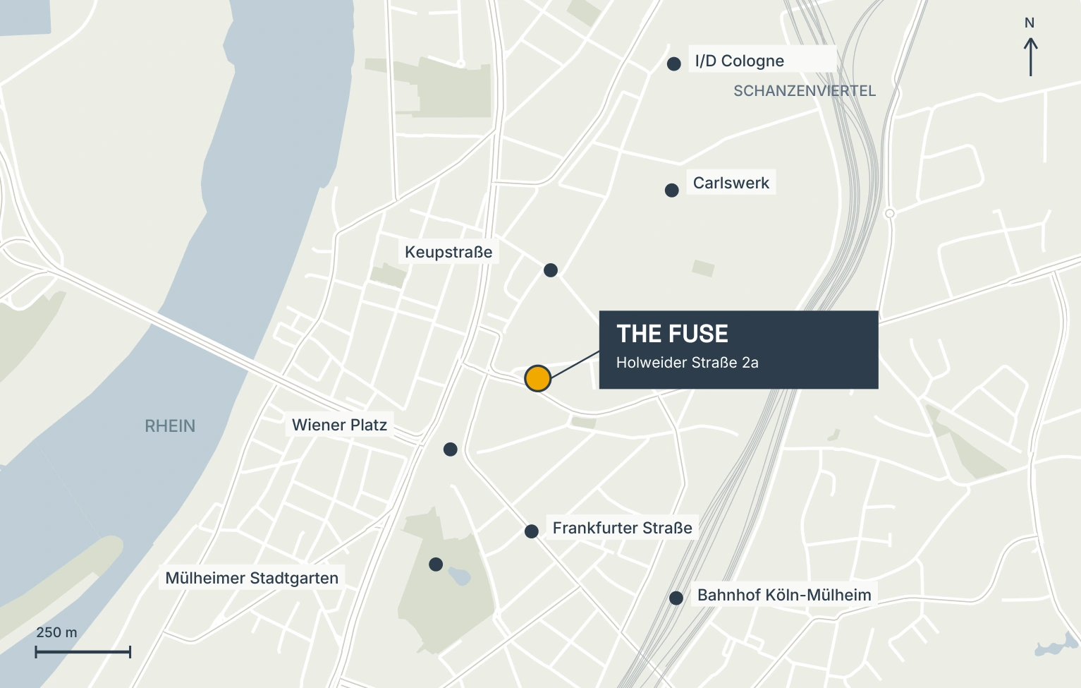 THE FUSE zwischen Wiener Platz, Keupstraße, Carlswerk und Bahnhof Köln-Mülheim, mit 250-Meter-Maßstab und Nordpfeil